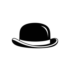 Black bowler hat with white band on a white background.
