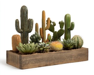 Colorful Cactus And Succulent Arrangement In Wooden Planter