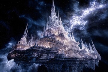 Floating Crystal Spaceship Castle In The Night Sky