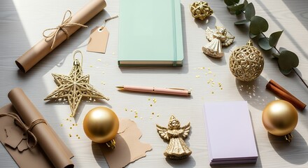 Holiday flat lay with stationery, gifts and ornaments