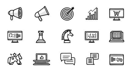 Business and Marketing Line Icons Set. Digital Strategy, E-commerce, Analytics, Communication, and Technology Outline Symbols.