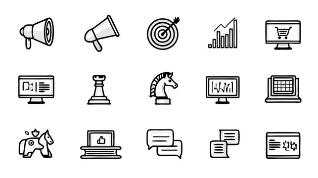 Business and Marketing Line Icons Set. Digital Strategy, E-commerce, Analytics, Communication, and Technology Outline Symbols.