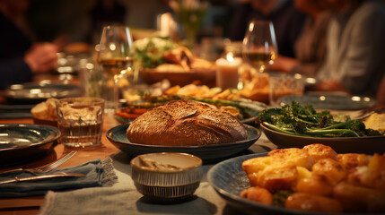 Communal meal with crusty bread, roasted sides, wine, and candlelight. Ideal for editorial, culinary, lifestyle, or seasonal gathering photography themes.