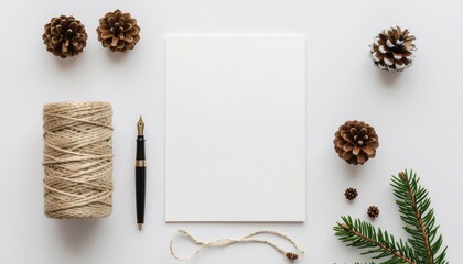 Rustic flat lay with a blank white card, fountain pen, twine, and natural pine cones for a creative or holiday message.