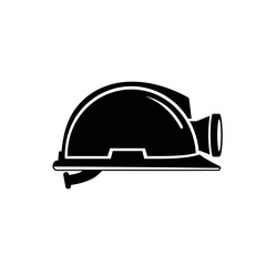 Black and white illustration of a hard hat with a light attached.