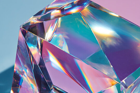 A holographic rainbow unicorn pastel purple pink teal colors abstract background. Optical crystal prism flare beams. Neon light flares