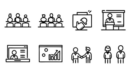 Business Meeting and Presentation Outline Icon Set. Includes Training, Online Learning, Teamwork, Data Analysis, Collaboration, and Audience.