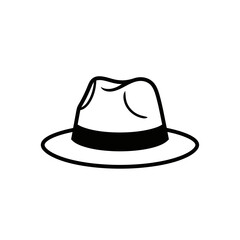 A simple black and white line drawing of a fedora hat.