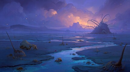 Pixelated Fantasy Swamp Landscape At Twilight