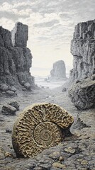 Fossil Ammonite In Rocky Landscape