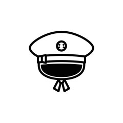 Black and white illustration of a sailor's hat with a decorative emblem and ribbon.