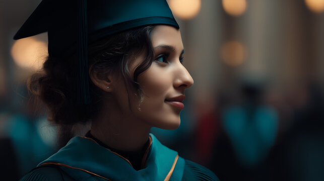 Profile of graduate in cap and gown at formal ceremony with softly lit background. Ideal for editorial, education, lifestyle, or milestone photography themes.