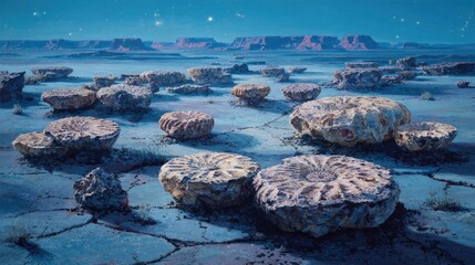 Alien Planet Landscape With Round Rocks At Night