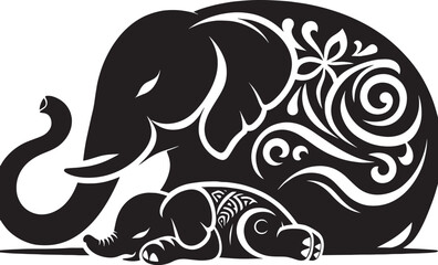 Elegant Black and White Elephant Illustration: A Loving Mother a