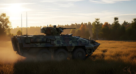 Fototapeta premium Armored Vehicle Maneuvering in Field at Sunrise