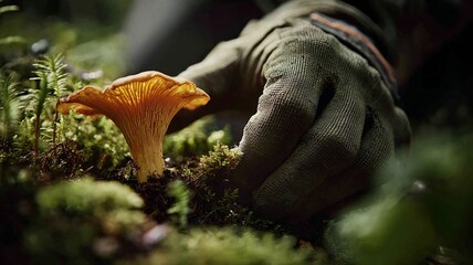 Gloved hand carefully picking a bright orange chanterelle mushroom in lush green forest moss

