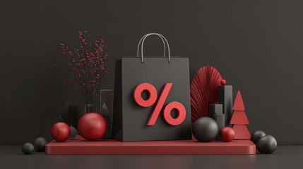 Black Friday and seasonal holiday sale theme with red percentage symbol, dark shopping bag, festive 3D objects for promotional use