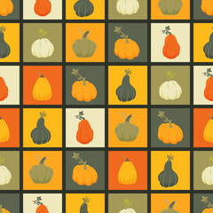 Autumn seamless pattern pumpkins in squares checkered background. Fall texture fabric wallpaper