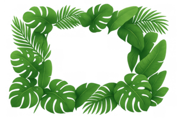Tropical green leaf border framing blank space on transparent background, fresh jungle flora design