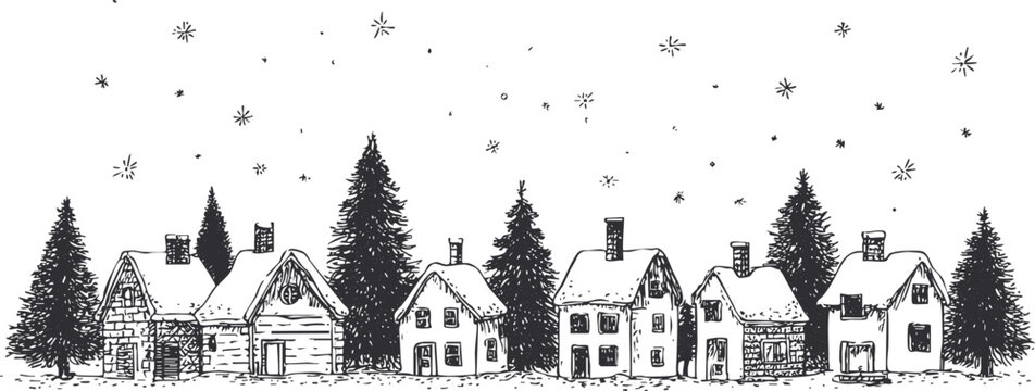 Detailed black engraving of snowy village houses under night sky, rustic nordic winter holiday style illustration.