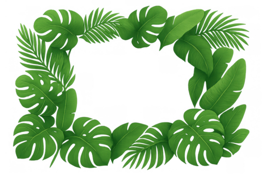 Tropical green leaf border framing blank space on transparent background, fresh jungle flora design - Powered by Adobe