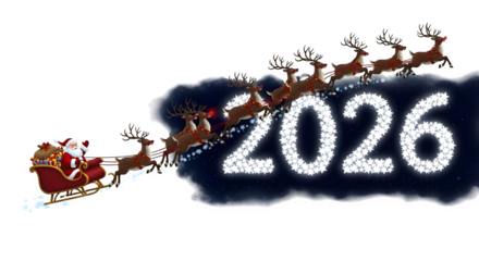 Santa's Sleigh Flying Towards 2026, isolated on transparent background