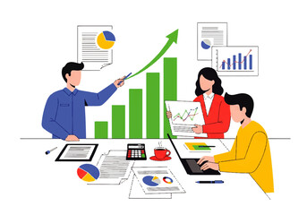 Dynamic teamwork driving impressive business growth with insightful data analysis and collaborative strategy in a modern, bright office environment