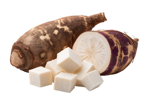 Fresh Yacon Root: Whole, Halved, and Diced Cubes isolated on a transparent background