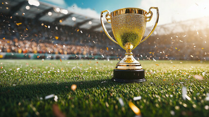 A gold cup rests proudly on the stadium field surrounded by celebration and confetti. Copy space