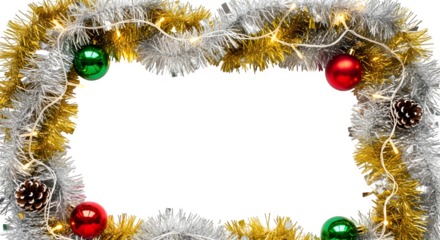 Christmas tinsel frame with ornaments, isolated on transparent background