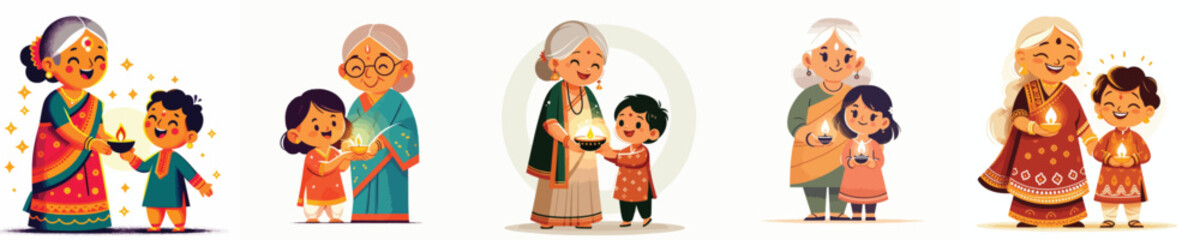 vector of an indian grandmother and grandson celebrating diwali
