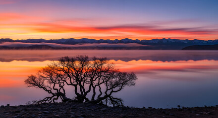 Obraz premium Leafless Tree Reflected in Sunset Lake with Mist and Snow-Capped Mountains – Landscape Still Life Representing Solitude, Natural Contrast, and Emotional Stillness