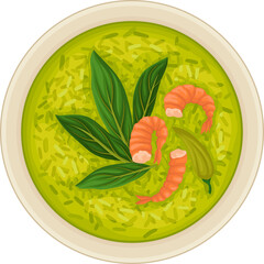 A Top Down View Of A Bright Green Soup Dish With Shrimp And Leafy Greens Garnishes In A White Bowl On A Transparent Background