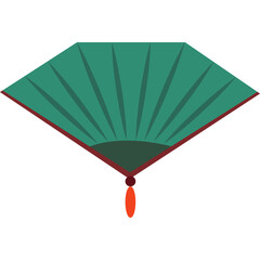 A Traditional Chinese Folding Fan with Green Fabric and a Red Tassel on a Transparent Background