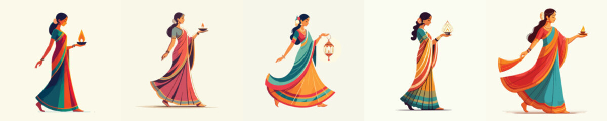 vector of an indian woman walk carrying an oil lantern celebrating diwali