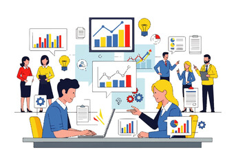 Fototapeta premium Diverse Business Team Analyzing Data and Working on Reports in a Dynamic Office Environment.