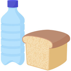 A Transparent Background Cartoon Slice of Bread Next to a Clear Plastic Water Bottle with a Blue Cap Isolated on White