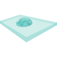 A Transparent Blue Gel Blob with Green Particles Resting on a Teal Square Surface Under Soft Lighting