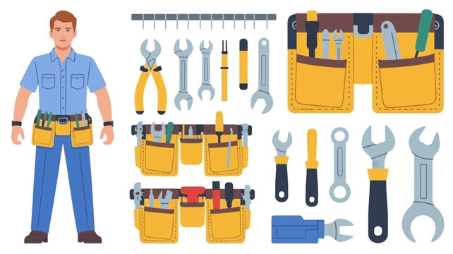 A skilled male construction worker stands proudly beside a collection of essential tools and tool belts ready for any repair or building project
