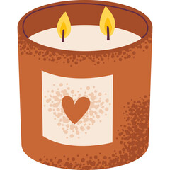 A textured brown jar candle with a white label featuring a dotted heart design two lit wicks emit a warm orange glow against a transparent background symbolizing comfort and warmth