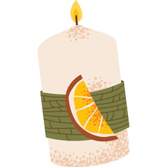 A textured white pillar candle with a green band and a slice of orange on its side with a lit yellow flame against a transparent background