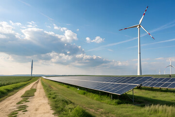 Wide view of solar panels and wind turbines under blue sky, illustrating renewable energy production, eco-friendly technology, and sustainable environmental solutions.