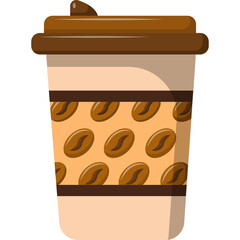 A To Go Coffee Cup With A Brown Lid And Brown Coffee Beans Pattern On A Light Beige Body And Brown Sleeve Against A Transparent Background