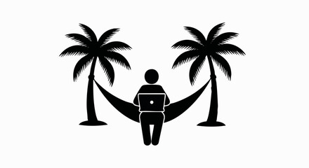 Black silhouette of a person with a laptop sitting in a hammock. Digital nomad and remote work concept. Minimalist flat vector icon