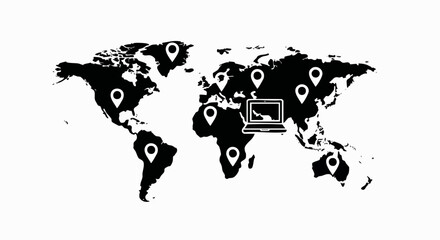 Black silhouette of a world map with location pins and a laptop icon. Global business and remote work concept. Minimalist vector illustration