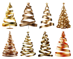 PNG Golden ribbon Christmas trees, element set on transparent background