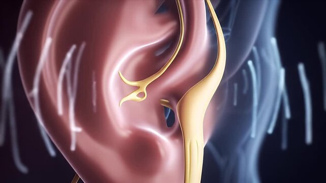 Dynamic 3D Render of Human Ear Anatomy and Sensory Nerve Pathways Illustrating Inner Ear Biology and Auditory Function in a Medical Science Context for Health