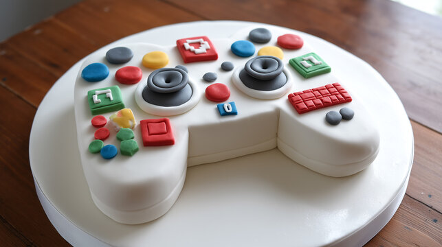 birthday cake shaped like a video game controller, with realistic fondant buttons and pixelated candy icons around it. - Powered by Adobe