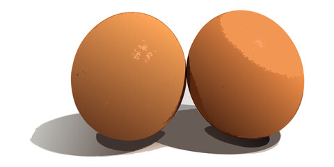 A high-resolution, realistic image of two fresh brown chicken eggs placed on a clean white surface. The eggs have smooth, slightly matte shells with subtle natural imperfections and gentle highlights 