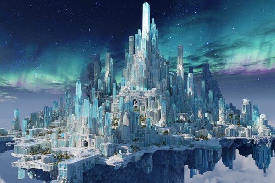 Floating Ice City With Aurora Borealis